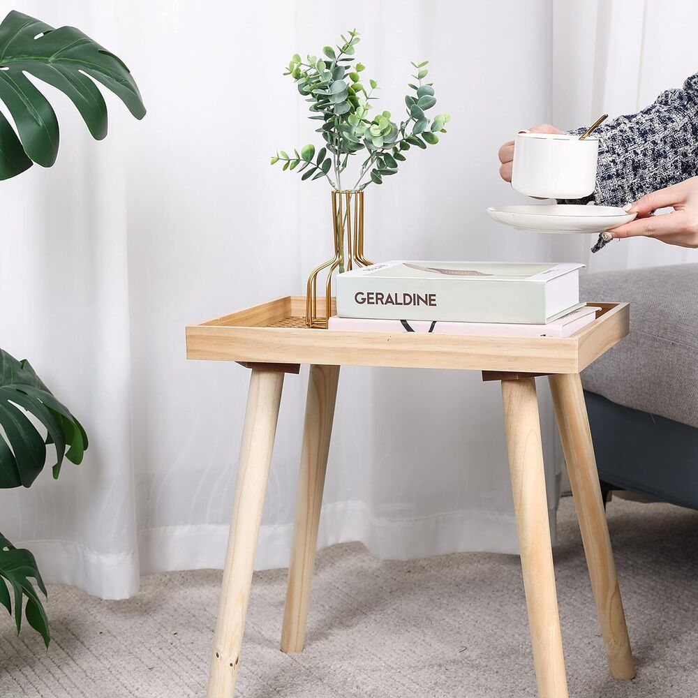Wooden Rattan Side Table Boho Small Sofa Desk for Living Room Bedroom Home Decor