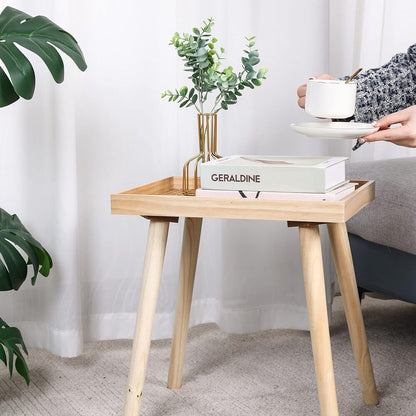 Wooden Rattan Side Table Boho Small Sofa Desk for Living Room Bedroom Home Decor