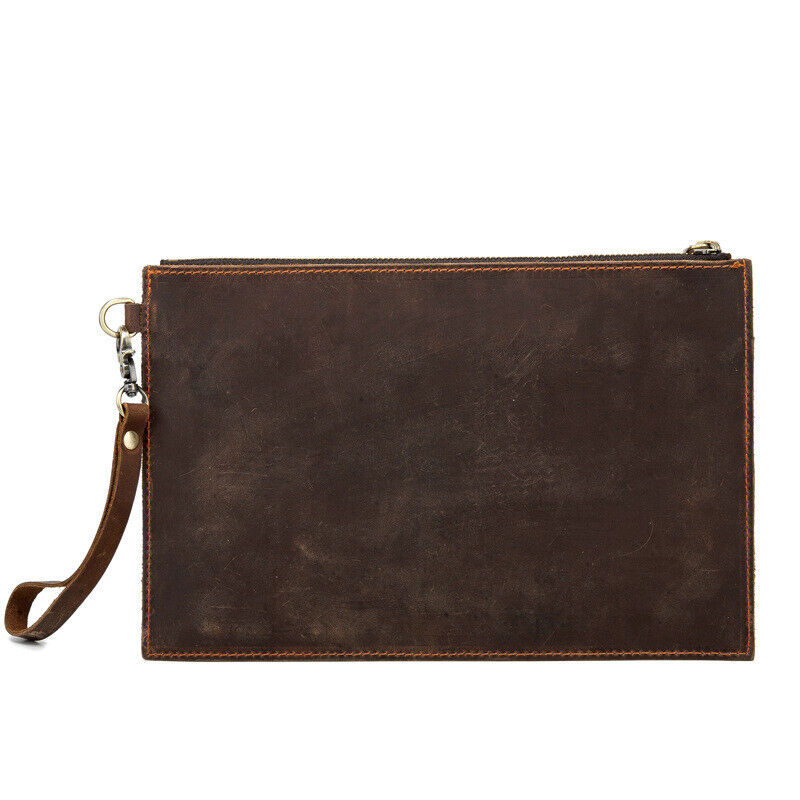 Handmade Crazy Horse Leather Men's Slim Zipper Wallets Clutch Envelope Bag