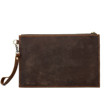 Handmade Crazy Horse Leather Men's Slim Zipper Wallets Clutch Envelope Bag