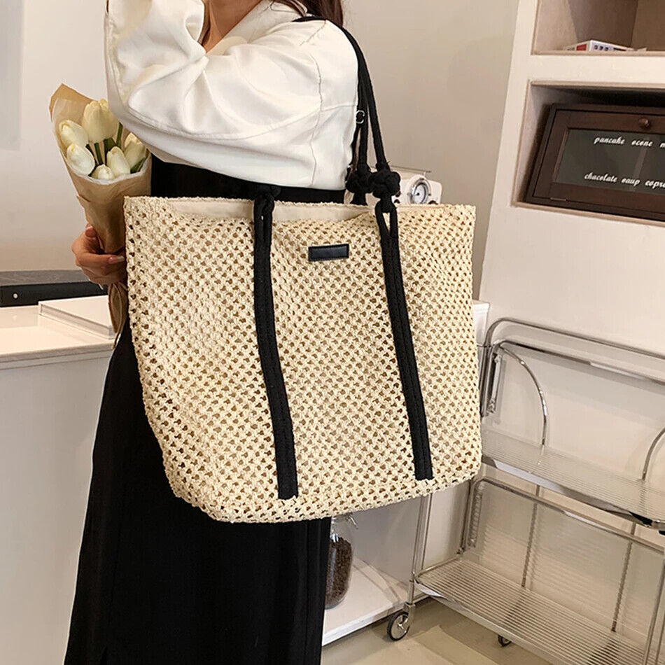 Straw Women Tote Bag Woven Handbags Handmade Travel Shopper Shoulder Bag