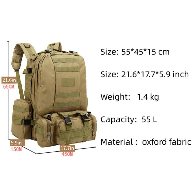 4 in 1 Backpack 55L Tactical Backpack Bag Army Rucksack Outdoor Sport Travel