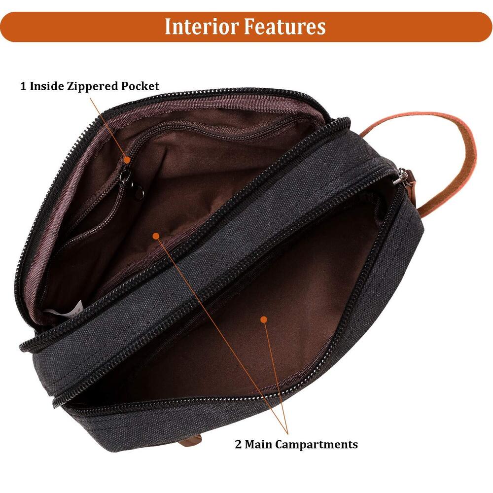 Mens Travel Toiletry Bag Canvas Leather 9.5x5.5x4 Inch (Pack of 1), Black