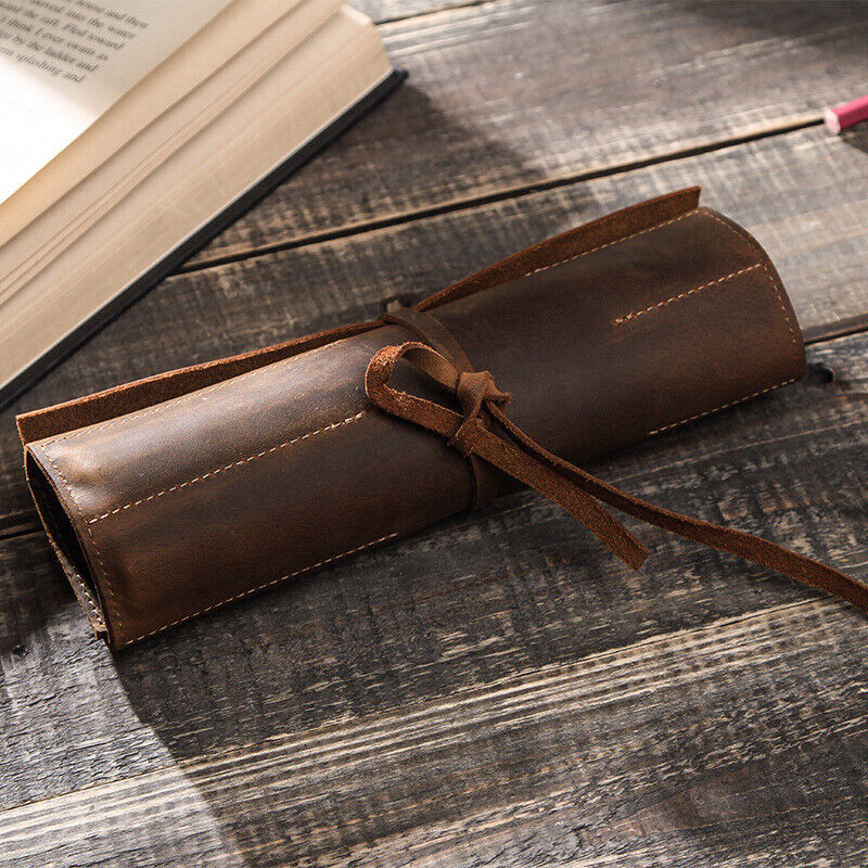 Handmade Cowhide Leather Pen Pouch Vintage Roll-up Pencil Case Bag Pen Curtain