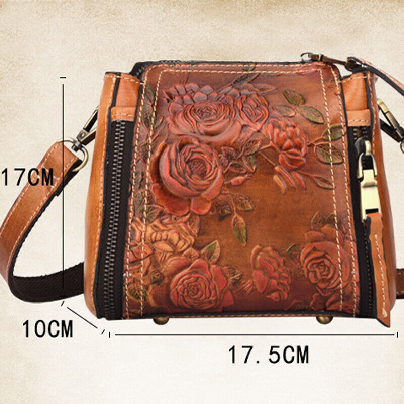 Genuine Leather Floral Embroidered Vintage Handbag Women's Tote Shoulder Bags