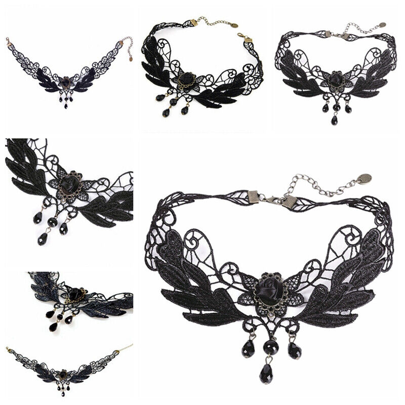 Women's Black Rose Teardrop Bead Pendant Lace Choker Lolita Collar NecklacY;US