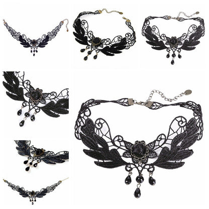 Women's Black Rose Teardrop Bead Pendant Lace Choker Lolita Collar NecklacY;US