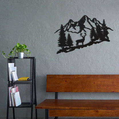 1pc Modern Black Deer & Tree Metal Wall Decor - Animal Mountain Plaque Signs