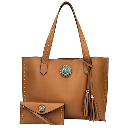 2x Celela Concho Fringe Studs Women Tote Shoulder Handbag Purse Bag W/ Wallet