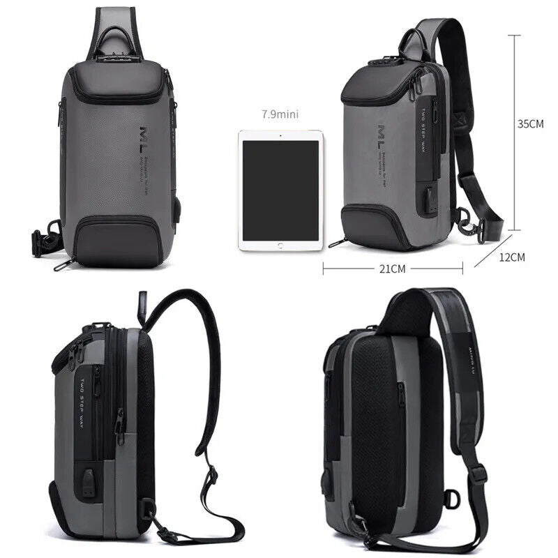 Men's Lock Shoulder Bag USB Cross Body Chest Bags Travel Crossbody Pack Pack