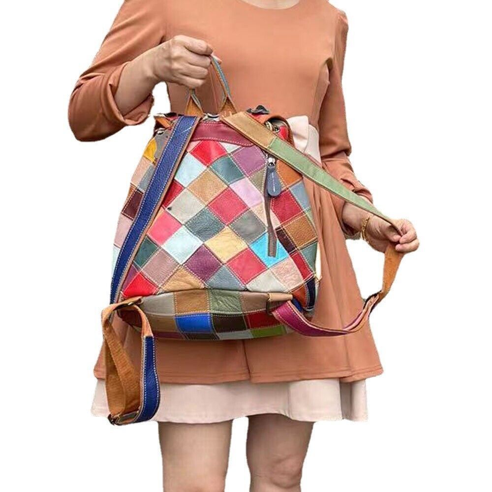 Top Real Leather Women's Bacpack, Desinger Colorful Patchwork Floral Travel Bag