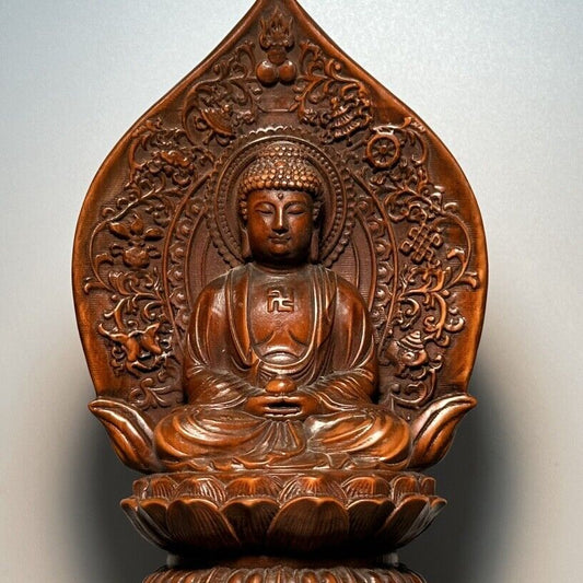 Vintage Chinese Antique Wooden Carving Medicine Buddha Statue Wood Sculpture Art