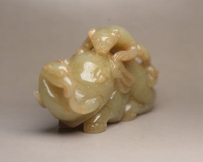 Chinese Natural Hotan Jade Carved Elephant Monkey Statue Exquisite Sculpture Art