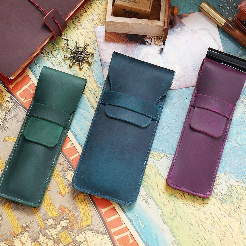 Handmade Cowhide Leather Vintage Pen Bag Pencil Case for 3 Pens 16.5cm*7cm