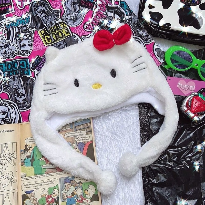 Kuromi Cinnamoroll Hello Kitty Plush Hat Girls Winter Warm Plush Hat Ear Cap NEW