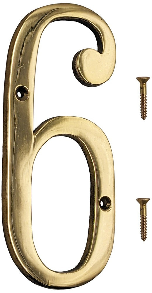 6-inch Shiny Gold House Number w/ Screws, Polished Brass, Mailbox / Home Numbers