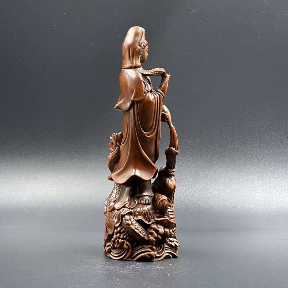 Chinese Boxwood Carving Dragon Kwan Yin Statue Sculptures Home Livingroom Decor