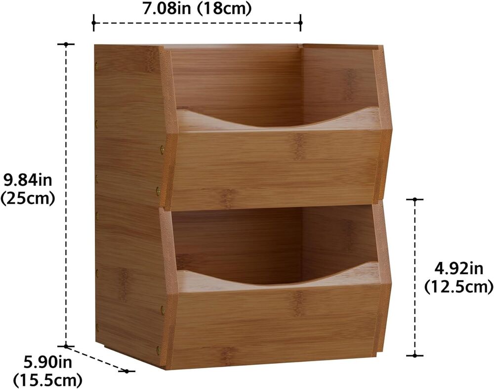Open Front Stackable Storage Bins Bamboo Kitchen Counter Organizer 2 Pack
