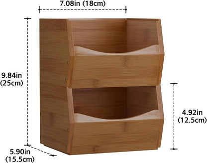 Open Front Stackable Storage Bins Bamboo Kitchen Counter Organizer 2 Pack