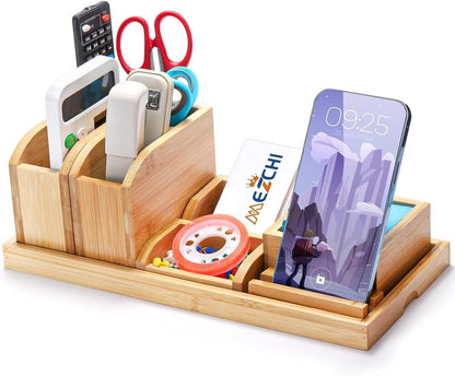 Bamboo Desk Organizer Adjustable Stationery Desktop Tray Holder Storage 7 Pcs