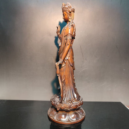 8" Carved Guan Yin Statue Wooden Buddha Quan Kwan Yin Bodhisattva Praying Figure