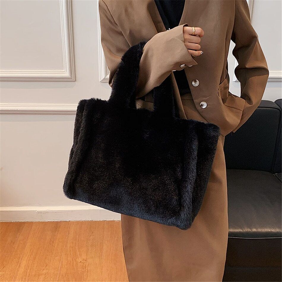 Faux Fur Women's Tote Bag Plush Shoulder Bags Women Soft Top Handbags Warm