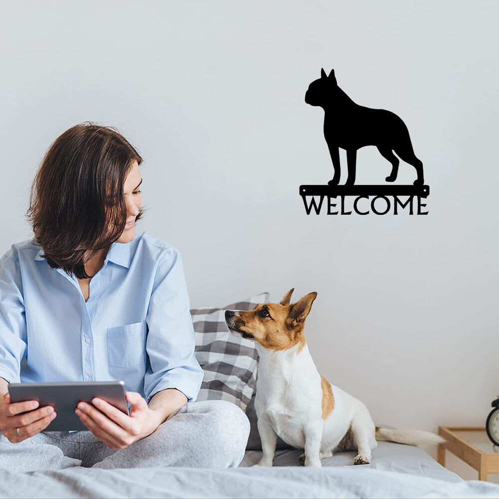 Dog Welcome Sign Boston Terrier - Size 12" x 13.6" Metal Wall Art