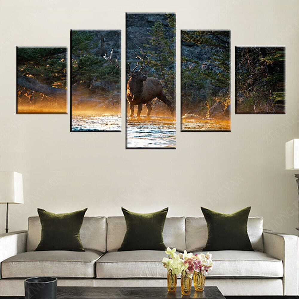 5 Pieces Animal Deer In Forest Stream Elk Sunset Landscape Paintings HD Prints