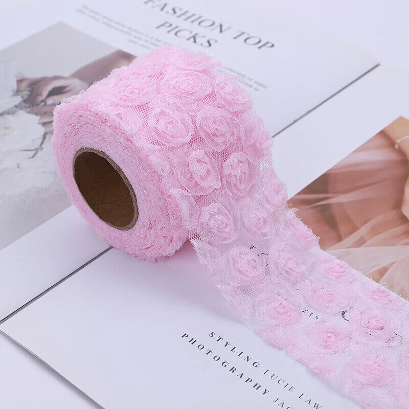 Party Decoration 5Yards DIY Rose Lace Fabric 3D Chiffon Flower Embroidered Decor