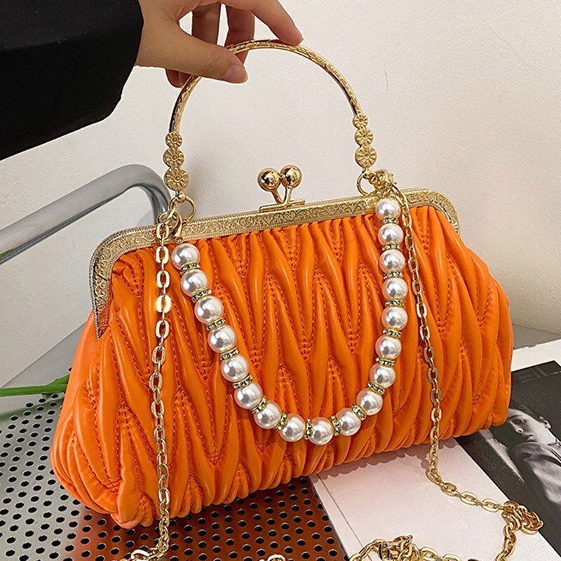 Orange Green Shoulder Bags Pearl Chain Clutch Crossbody Bags Synthetic Leather