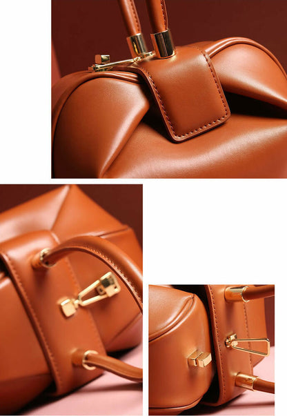 Real Leather Wonton Round Pouch Clutch Purse Top Handle Tote Handbag Grab Bag