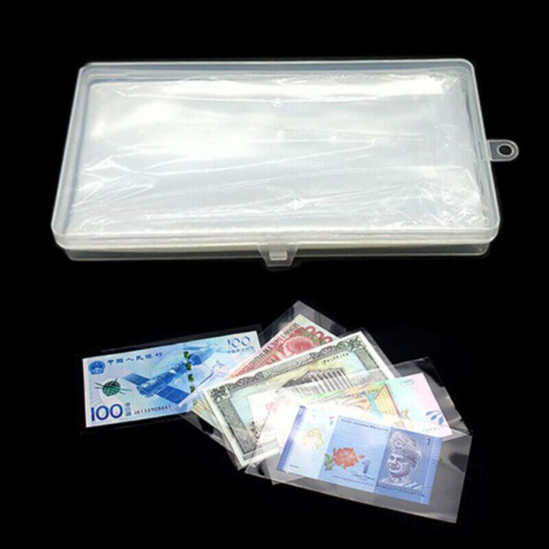 100 Pieces Paper Money Collection Protector Bag with Plastic Storage Box Clea-ca