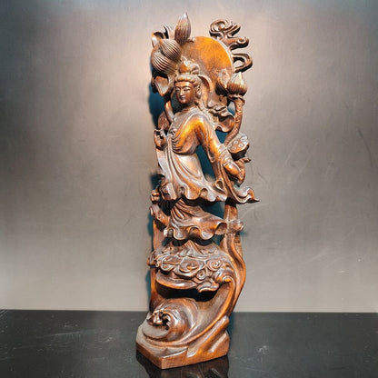 8" Vintage Wooden Carved Holding Lotus Kwan Yin Bodhisattva Statue Wood Figure