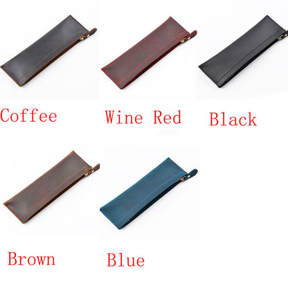 Handmade Cowhide Leather Pen Bag Zipper Pencil Case Vintage Stationery Storage