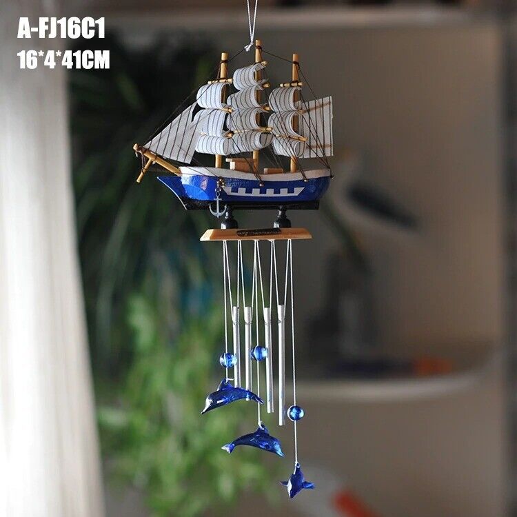 Wind Chimes Mediterranean Style Sailing Boat Ocean Series Dolphin 16x4x41cm Wood