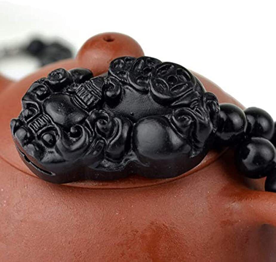 Bian Stone Necklace pixiu guanyin Lucky Pendant Black Beads Round for Men Women