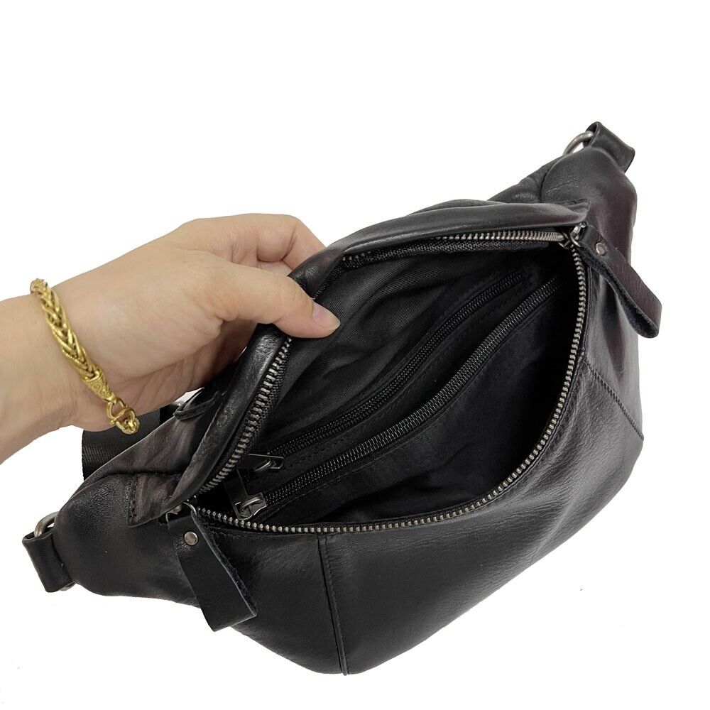 Black Men Real Cow Leather Waist Fanny Pack Sport Backpack Sling Crossbody Bags