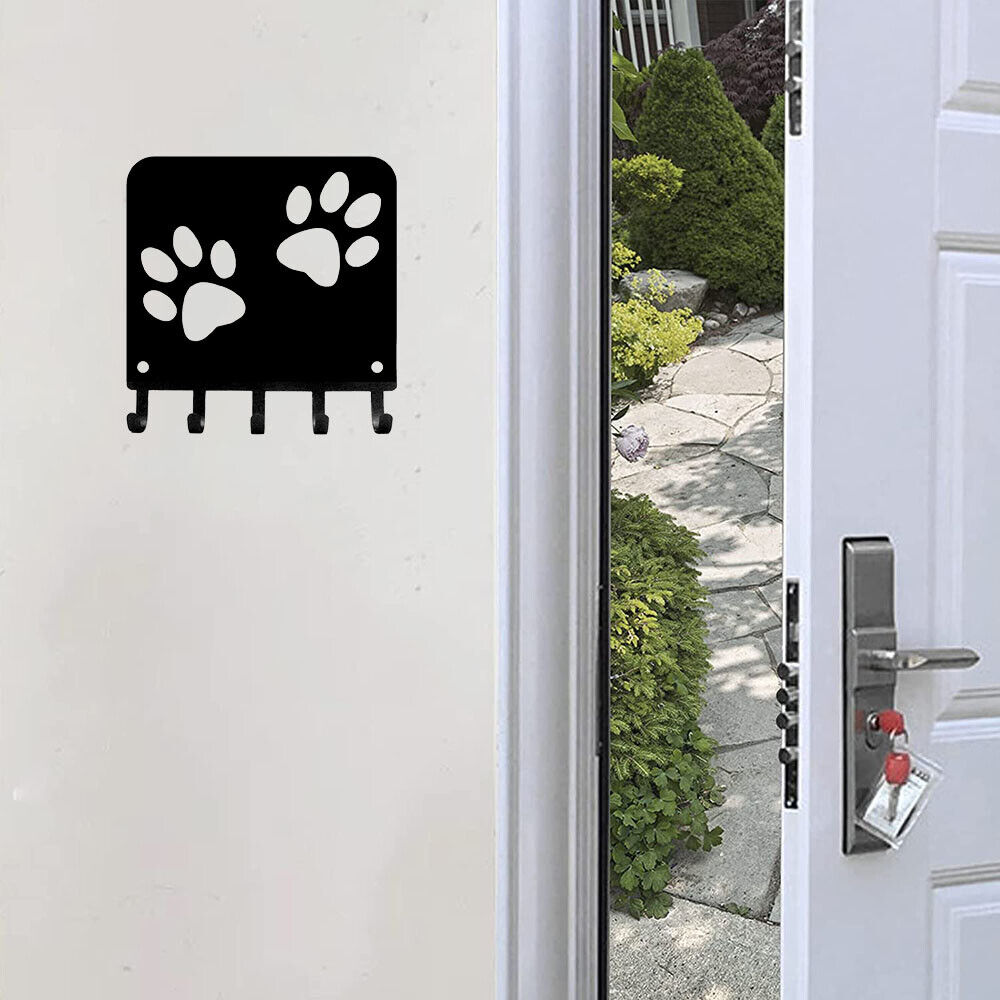 Paw Print Key Rack Hanger & Dog Leash Organizer - 6 inch Wide Metal Wall Art