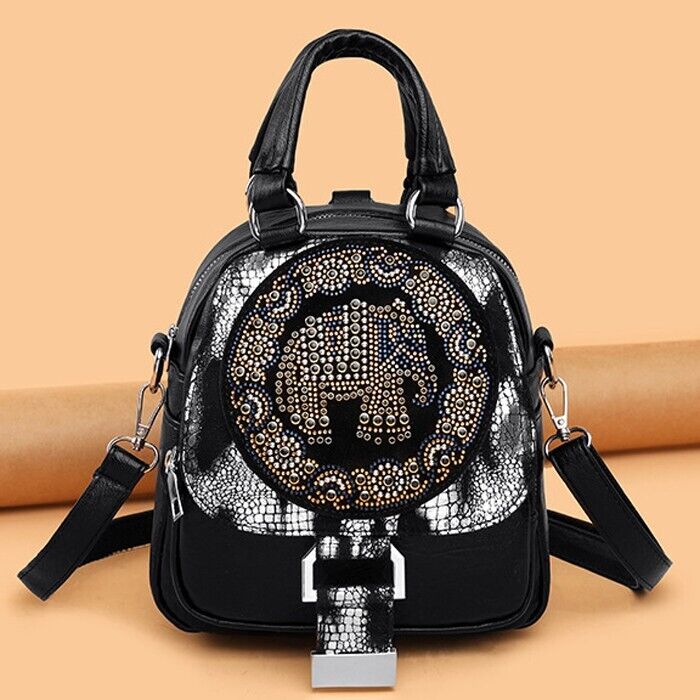 Women's Leather Black Backpack, New Desinger Embroidery Stamping Shoulder Bags