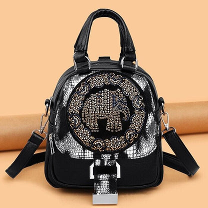 Women's Leather Black Backpack, New Desinger Embroidery Stamping Shoulder Bags