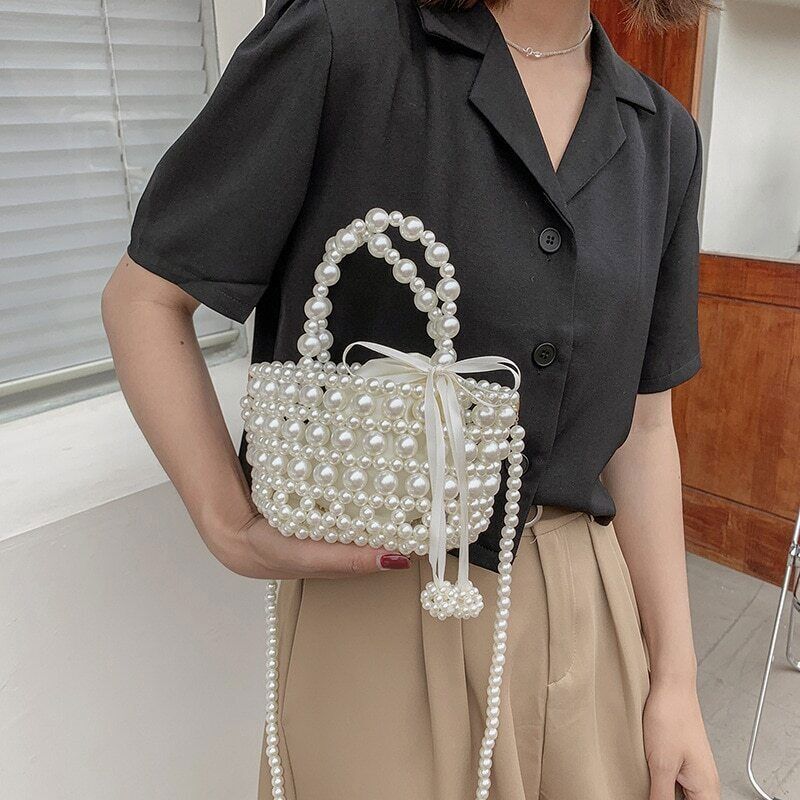 Pearl Woven Handbag Chain Shoulder Bags Women Travel Crossbody Bag