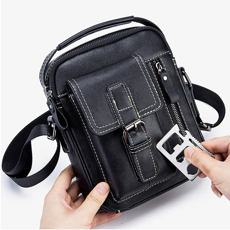 100% Genuine Leather Men's Black Sling Shoulder Bag Crossbody Bag 8 inch Handbag