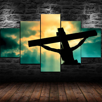 Cross Of Jesus Christ Light 5 Panel Canvas Print Wall Art Poster Home Decoration