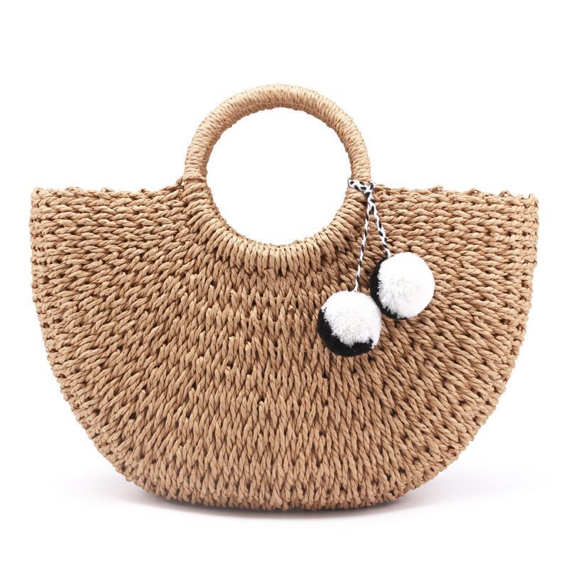 Handmade Bags Pompon Beach Weaving Straw Bag Wrapped Beach Moon Shaped Purses