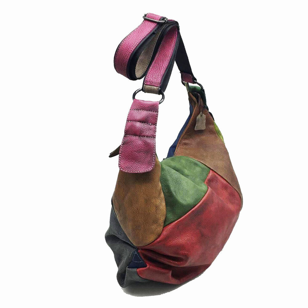 Vintage Patch Ruched Brushed Real Leather Hobo Shoulder Bag Crossbody Purse