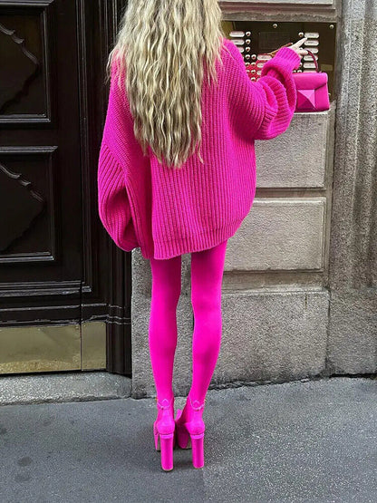 Ribbed Rose Red Sweater Women Deep Square Neck Knittedb Pullover Tops Jumper
