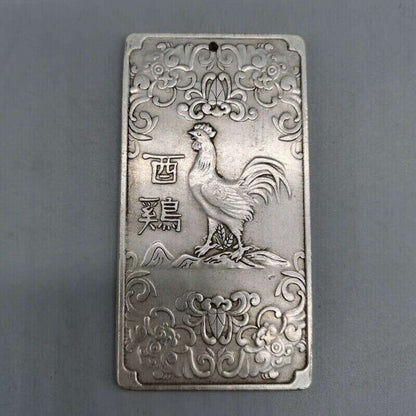 Chinese old Tibet Silver carving Zodiac Chickens Pendant waist tag amulet