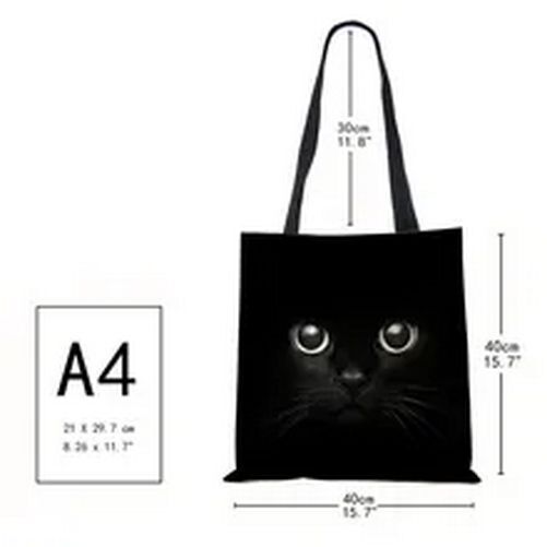 Tote Bags Black Cat Printed Linen Fabric Eco Handbag Shopping Reusable Shoulder