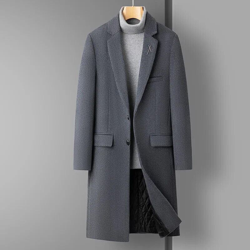 Men's Handsome Wool Coat Coat Long Coat Men （Winter) Polyester
