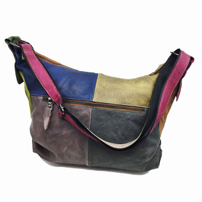 Vintage Patch Ruched Brushed Real Leather Hobo Shoulder Bag Crossbody Purse